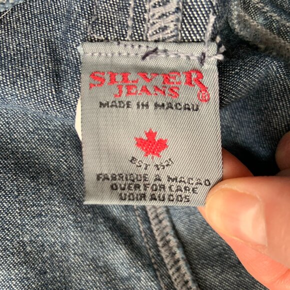 Vintage 90s Silver Jeans Flare Carpenter Denim Blue Overalls Size 5/31 - Picture 12 of 16